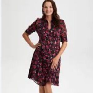 Laura Floral Print Collared 1/2 Sleeve Dress Black